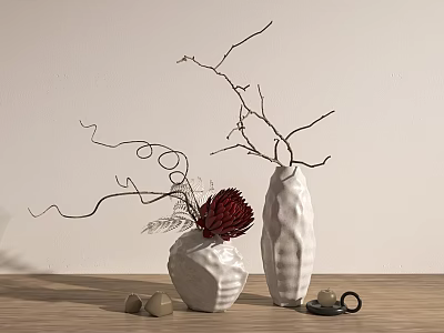 Elegant Textured White Vases With Dried Branches Red Bloom And Decorative Stones On Wooden Table 3d model
