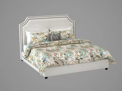 Double Bed Featuring Upholstered Headboard Floral Pattern Quilt And Decorative Pillows 3d model