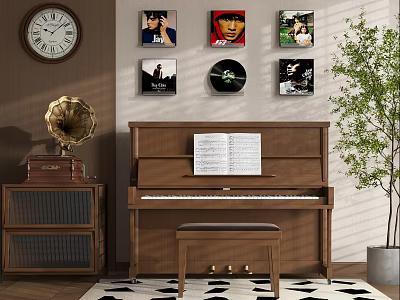 Vintage Musical Instruments Art Supplies with Piano Sheet Music Gramophone Wall Records and Decorative Plant 3d model