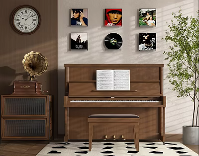Vintage Musical Instruments Art Supplies with Piano Sheet Music Gramophone Wall Records and Decorative Plant 3d model