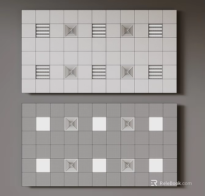 Modern Ceiling Design With Grid Pattern Stripes And White Decorative Squares 3d model