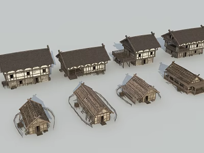Traditional Residential Buildings With Various Sloped Roof Designs And Wooden Structures 3d model