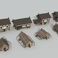 Traditional Residential Buildings With Various Sloped Roof Designs And Wooden Structures