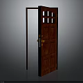 Architectural Red Wooden Door With Glass Panels Open And Metal Hardware