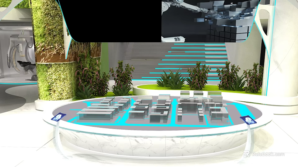Modern Indoor Space With Circular Platform Gray Seats Blue Lines And Green Plants 3d model 