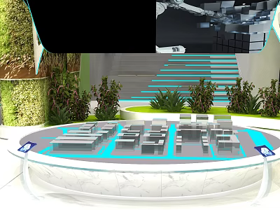 Modern Indoor Space With Circular Platform Gray Seats Blue Lines And Green Plants 3d model