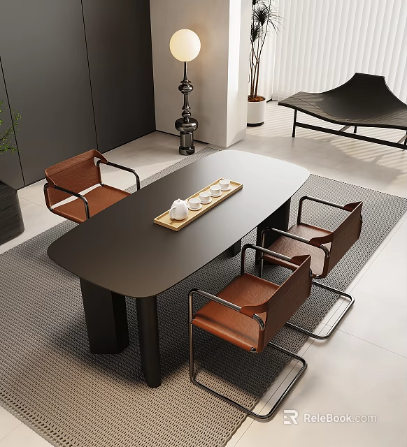 Modern Minimalist Tea Table and Chairs with Leather Seats Metal Legs and Tray with Teacups 3d model 