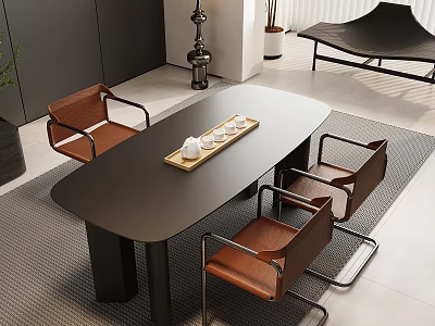 Modern Minimalist Tea Table and Chairs with Leather Seats Metal Legs and Tray with Teacups 3d model
