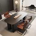 Modern Minimalist Tea Table and Chairs with Leather Seats Metal Legs and Tray with Teacups