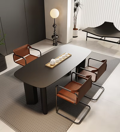 Modern Minimalist Tea Table and Chairs with Leather Seats Metal Legs and Tray with Teacups 3d model