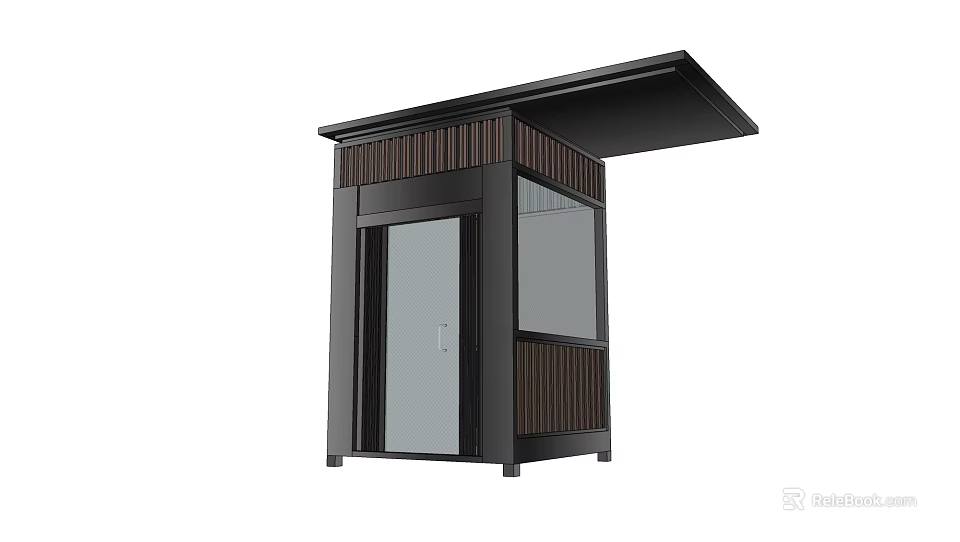 Modern Security Booth Structure With Black Brown Exterior Glass Door And Roof Canopy 3d model 