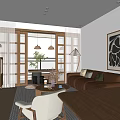 Warm Living And Dining Room With Leather Sofa Wooden Dining Table Decorative Painting And Natural Light