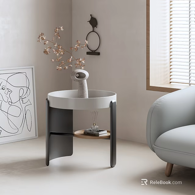 Minimalist Side Table With White Top Black Legs Vase And Dried Flowers By Sofa 3d model 