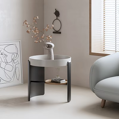 Minimalist Side Table With White Top Black Legs Vase And Dried Flowers By Sofa 3d model