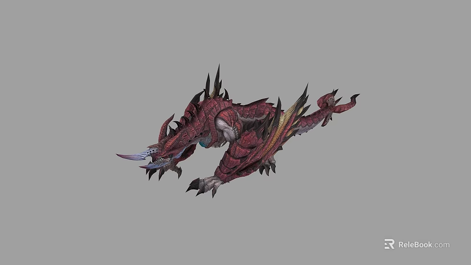 Fantasy Red Spiked Mythical Creature With Scaled Body And Sharp Claws 3d model 
