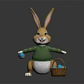 Cute Cartoon Rabbit In Green Sweater Holding Blue Egg With Basket Of Blue Eggs