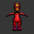 Cartoon Cat In Red And Pink Costume With Cat Ears Glowing Eyes And Yellow Accents