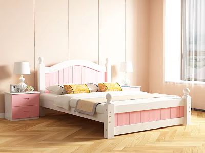 Pink White Double Bed With Yellow Pillows Pink Nightstands White Lamps Window Curtains Herringbone Flooring 3d model