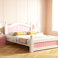 Pink White Double Bed With Yellow Pillows Pink Nightstands White Lamps Window Curtains Herringbone Flooring