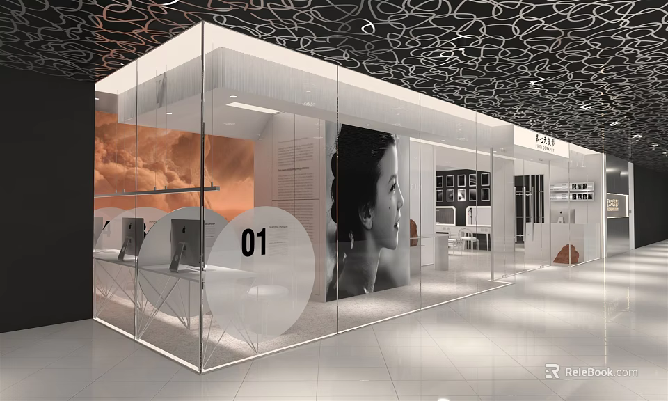 Modern Mall Store with Glass Facade Black Patterned Ceiling and Interior Display Area 3d model 