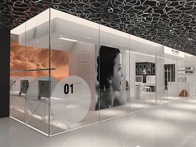 Modern Mall Store with Glass Facade Black Patterned Ceiling and Interior Display Area 3d model