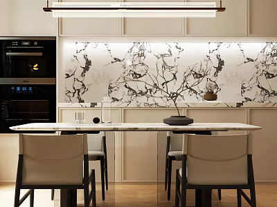 Modern Oval Dining Table And Light Colored Chairs Set With Black Frames And Marble Backsplash 3d model