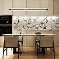 Modern Oval Dining Table And Light Colored Chairs Set With Black Frames And Marble Backsplash