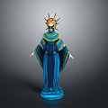 A Woman In Blue Robe With Golden Sunburst Headdress And Classical Statue Design