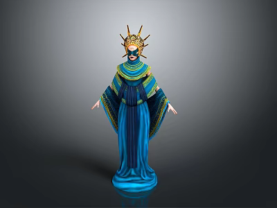 A Woman In Blue Robe With Golden Sunburst Headdress And Classical Statue Design 3d model