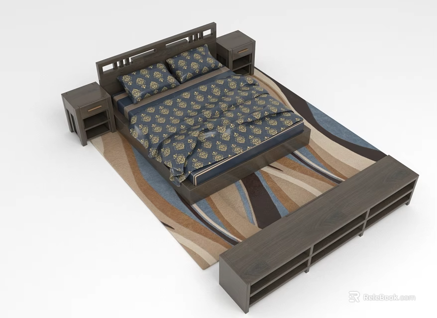 Double Bed With Dark Headboard Patterned Quilt Pillows Bedside Tables Under Bed Storage Striped Rug 3d model 