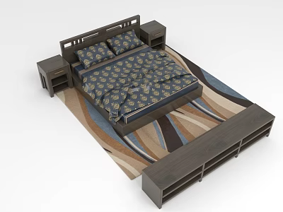 Double Bed With Dark Headboard Patterned Quilt Pillows Bedside Tables Under Bed Storage Striped Rug 3d model