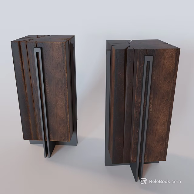 Modern Dark Brown Wooden Bar Stools With Black Metal Accents And Geometric Design 3d model 