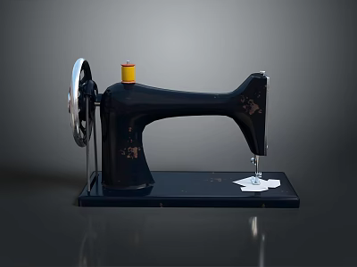 Vintage Black Sewing Machine With Silver Wheel Yellow Thread Spool And White Paper On Base 3d model