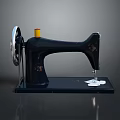 Vintage Black Sewing Machine With Silver Wheel Yellow Thread Spool And White Paper On Base
