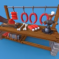 Rustic Butcher Shop Scene With Wooden Workbench Hanging Red Sausages Bones And Cleaver