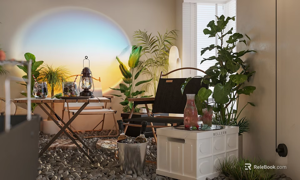 Cozy Hotel Public Lounge Area With Sunlight Lush Plants Wooden Table And Comfortable Seating 3d model 