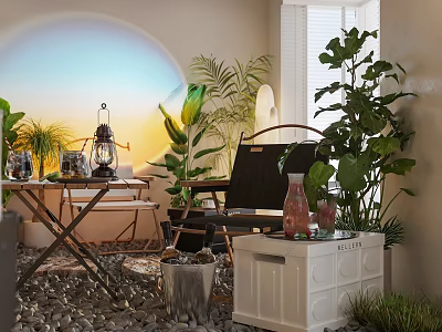 Cozy Hotel Public Lounge Area With Sunlight Lush Plants Wooden Table And Comfortable Seating 3d model