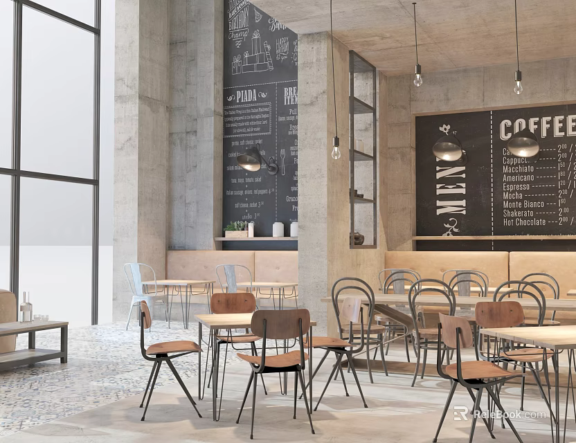 Modern Minimalist Cafe Interior With Large Windows Concrete Walls Chalkboard Menu And Wooden Tables 3d model 