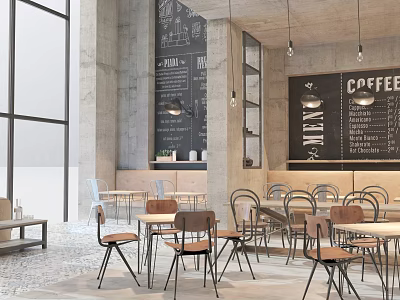 Modern Minimalist Cafe Interior With Large Windows Concrete Walls Chalkboard Menu And Wooden Tables 3d model
