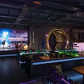 Modern Bar Interior With Neon Lit Counter High Stools Round Tables And City Night View