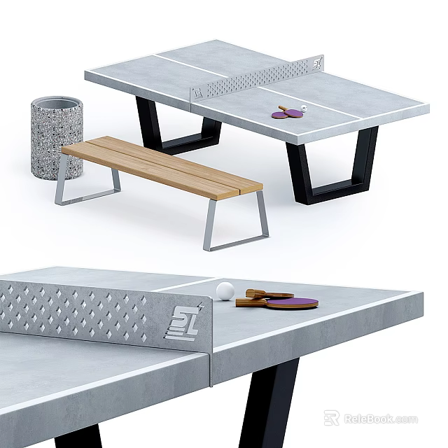 Outdoor Sports Equipment Setup With Concrete Table Tennis Table Wooden Bench Paddles And Balls 3d model 