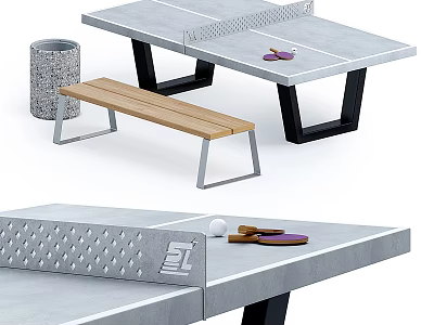 Outdoor Sports Equipment Setup With Concrete Table Tennis Table Wooden Bench Paddles And Balls 3d model