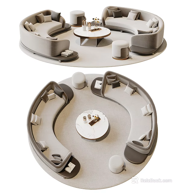 Modern Circular Living Room Sofa and Coffee Table Set with Curved Design and Ottoman Stool 3d model 