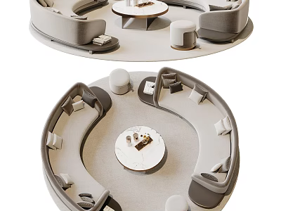 Modern Circular Living Room Sofa and Coffee Table Set with Curved Design and Ottoman Stool 3d model