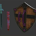 Medieval Sword With Purple Hilt Decorative Sheath And Wooden Shield With Metal Accents