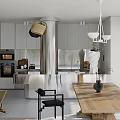 Modern Minimalist Dining Living Room Interior With White Cabinets Stainless Steel Island And Natural View