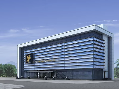 Modern Office Building With Glass Facade And Corporate Logo In Landscaped Surroundings 3d model