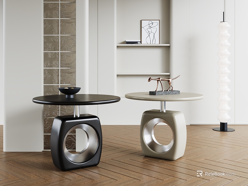 Modern Black And Beige Side Tables With Round Tabletops And Square Bases In Living Room 3d model 