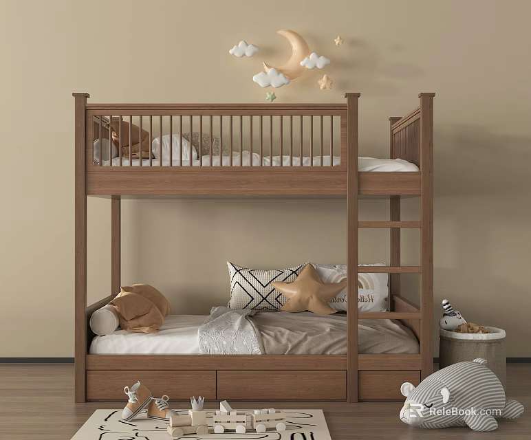 Wooden Bunk Bed with Upper Lower Mattresses Cloud Moon Stars Wall Decor Pillows Stuffed Toys 3d model 