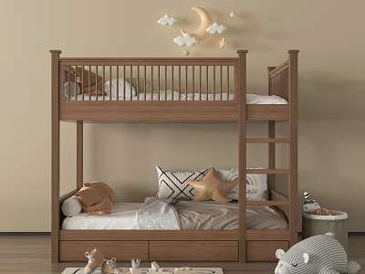 Wooden Bunk Bed with Upper Lower Mattresses Cloud Moon Stars Wall Decor Pillows Stuffed Toys 3d model